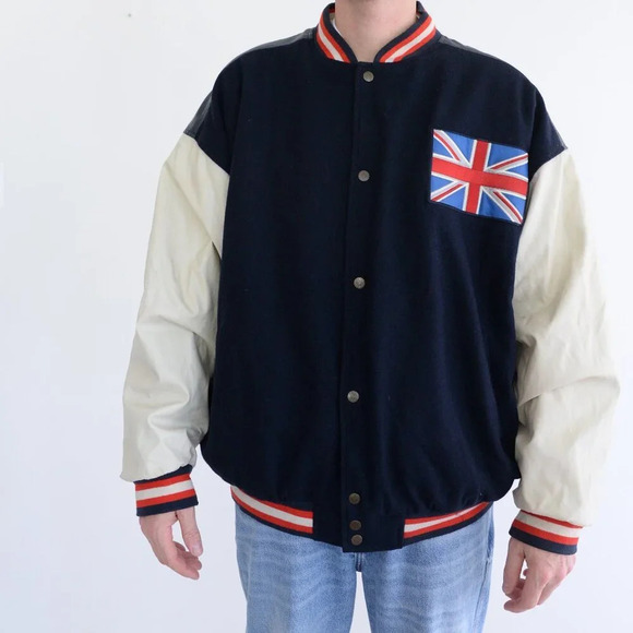 Vintage 90S Steve And Barrys British Flag Navy And Cream Wool Blend Faux Leather - Picture 2 of 16